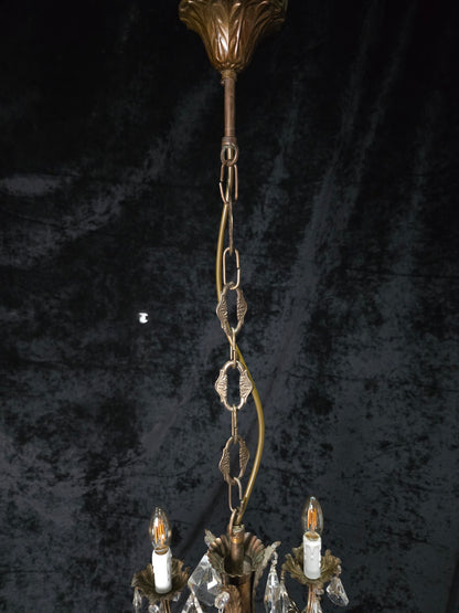 Fabulous Heavy Vintage Italian 6 Arm Leaf Crystal Chandelier Ceiling Light