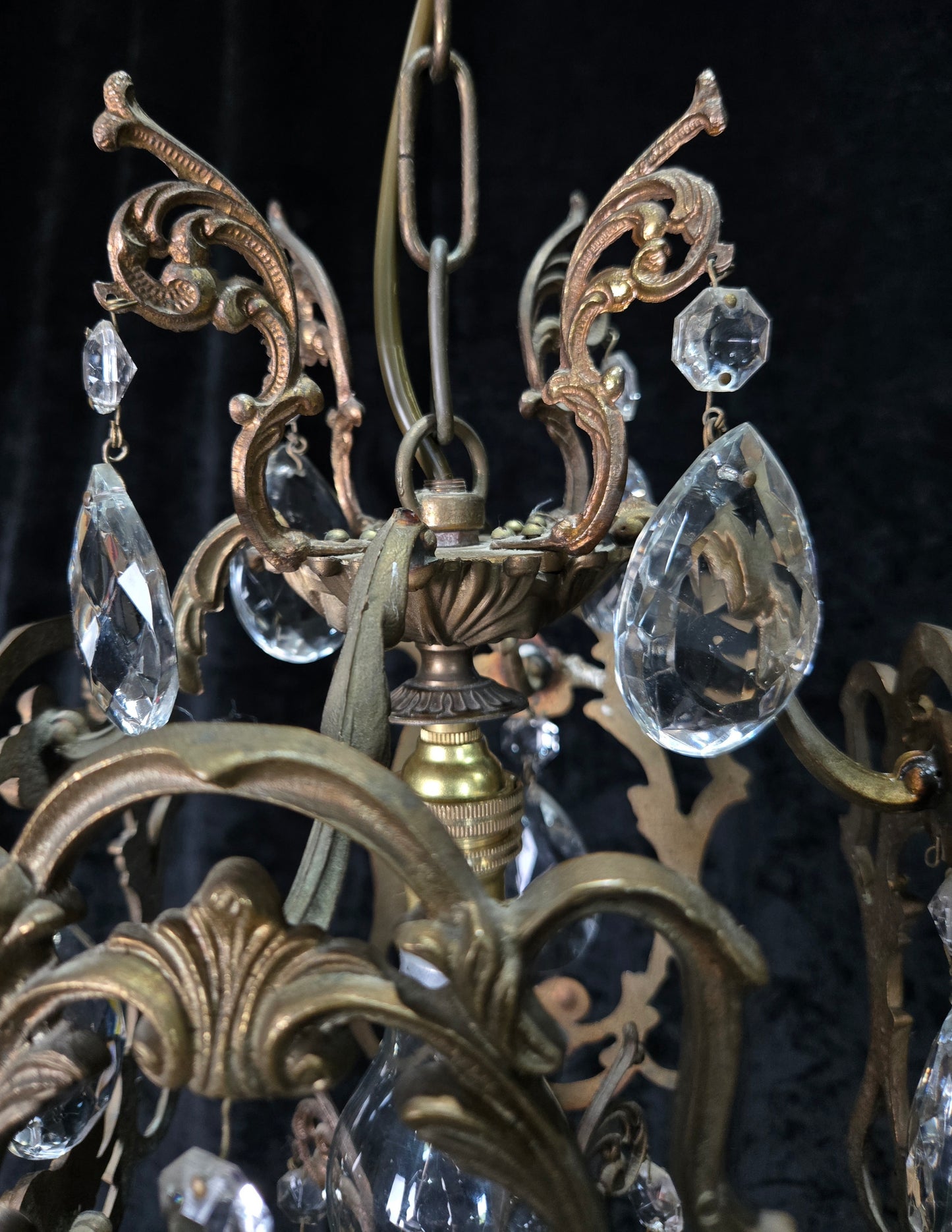 Beautiful Antique French 1 Light Brass Crystal Cage Chandelier Ceiling Light