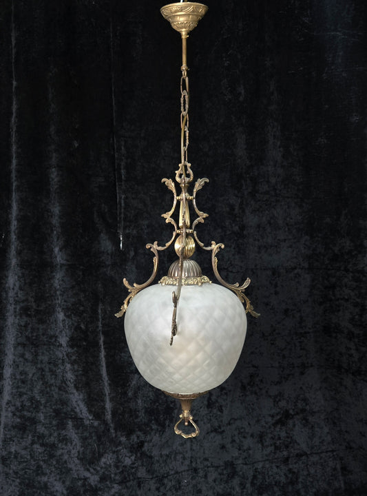 Decorative Large Vintage 2 Light Italian Brass Glass Lantern Ceiling Light
