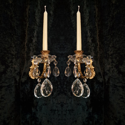 Lovely Pair Vintage Italian 1 Arm Brass Crystal Candle Wall Lights Wall Sconces