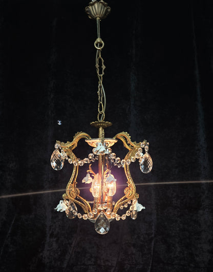 Lovely Vintage Spanish 3 Light Crystal and Brass Ceramic Roses Cage Chandelier