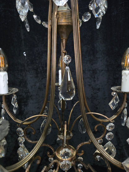 Beautiful Vintage Italian 5 Arm Brass Crystal Cage Chandelier Ceiling Light