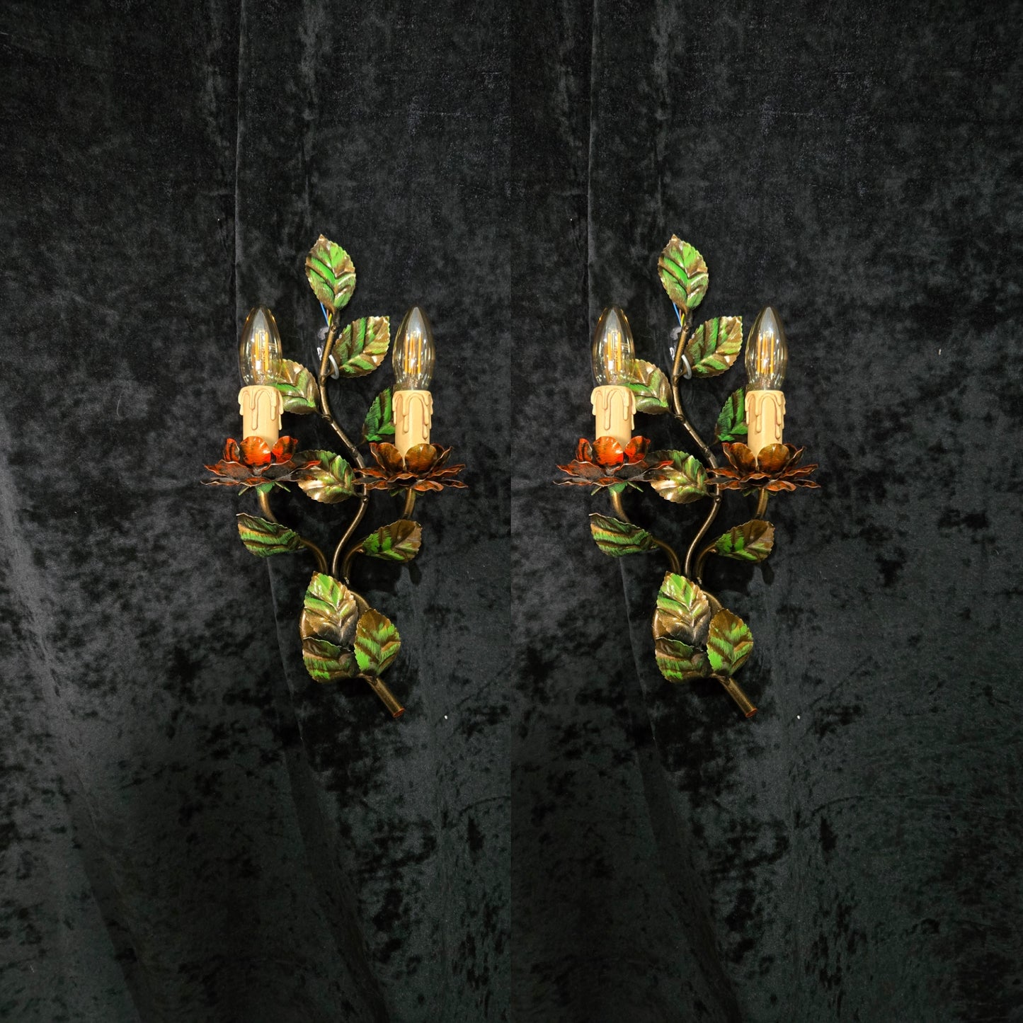 Beautiful Pair Vintage Italian Toleware Florentine Flower Leaf Sconces Lights