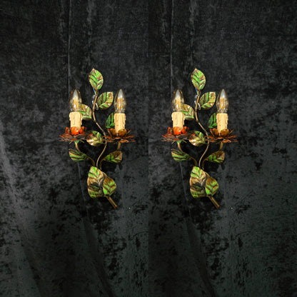Beautiful Pair Vintage Italian Toleware Florentine Flower Leaf Sconces Lights