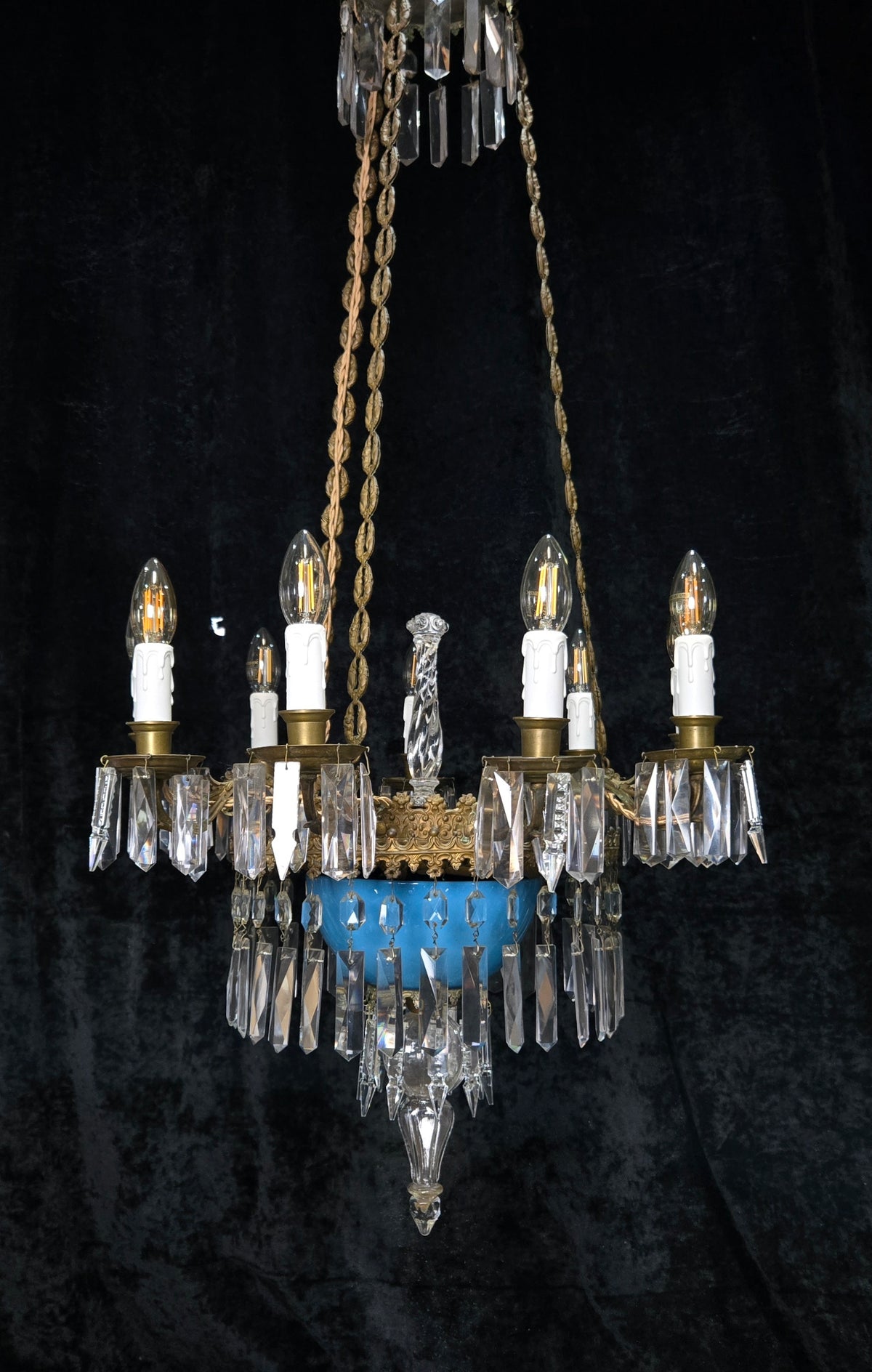 Exceptional Antique French Late 1800s 9 Arm Brass Blue Glass Crystal Chandelier