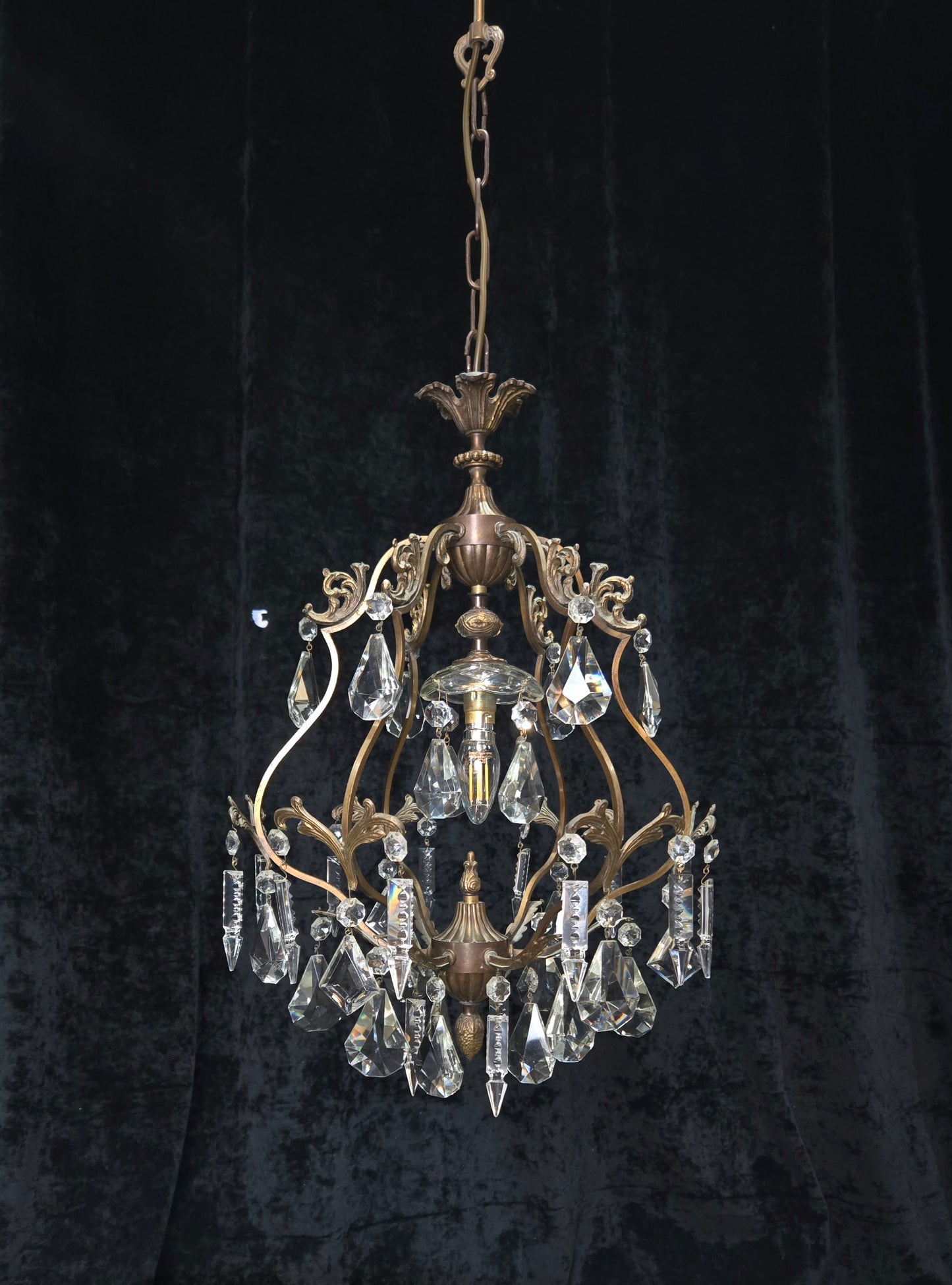 Elegant Vintage Italian 1 Light Cage Crystal Brass Chandelier Ceiling Light