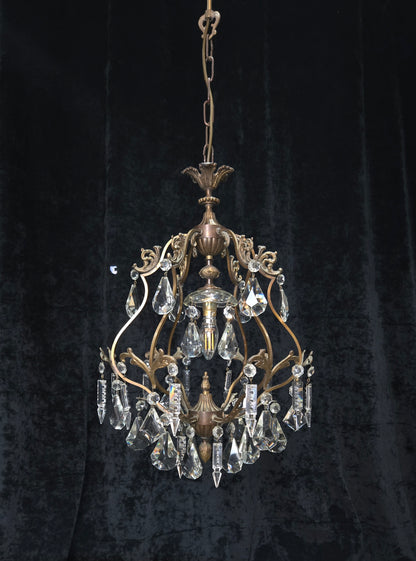 Elegant Vintage Italian 1 Light Cage Crystal Brass Chandelier Ceiling Light