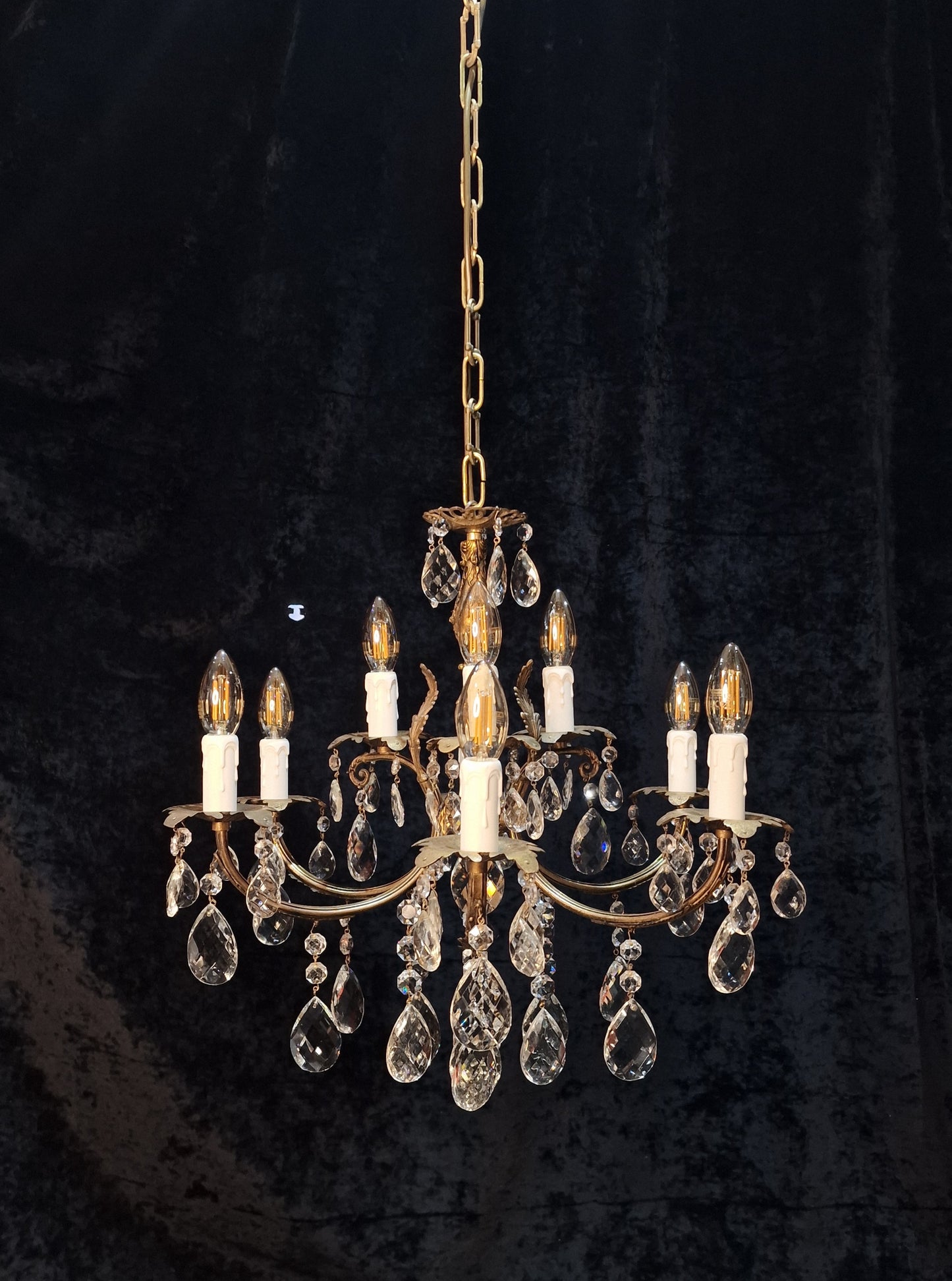 Stunning Antique French 6 Arm 9 Light Heavy Brass Crystal Leaf Chandelier