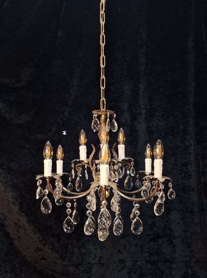 Stunning Antique French 6 Arm 9 Light Heavy Brass Crystal Leaf Chandelier