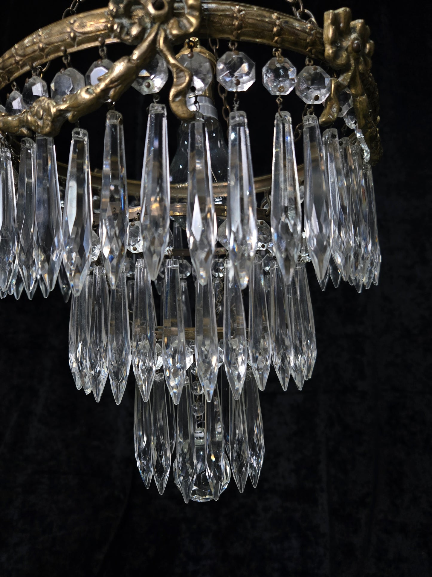 Fabulous Antique French Empire Style Brass Crystal Bows Chandelier Ceiling Light