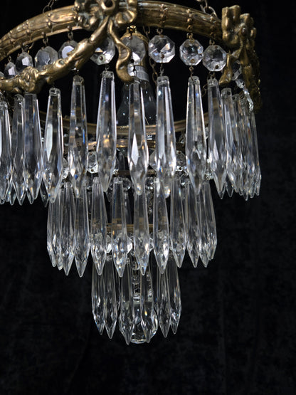 Fabulous Antique French Empire Style Brass Crystal Bows Chandelier Ceiling Light