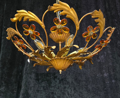 Beautiful Vintage Italian Banci 5 Light Gilded Toleware Flush Ceiling Chandelier