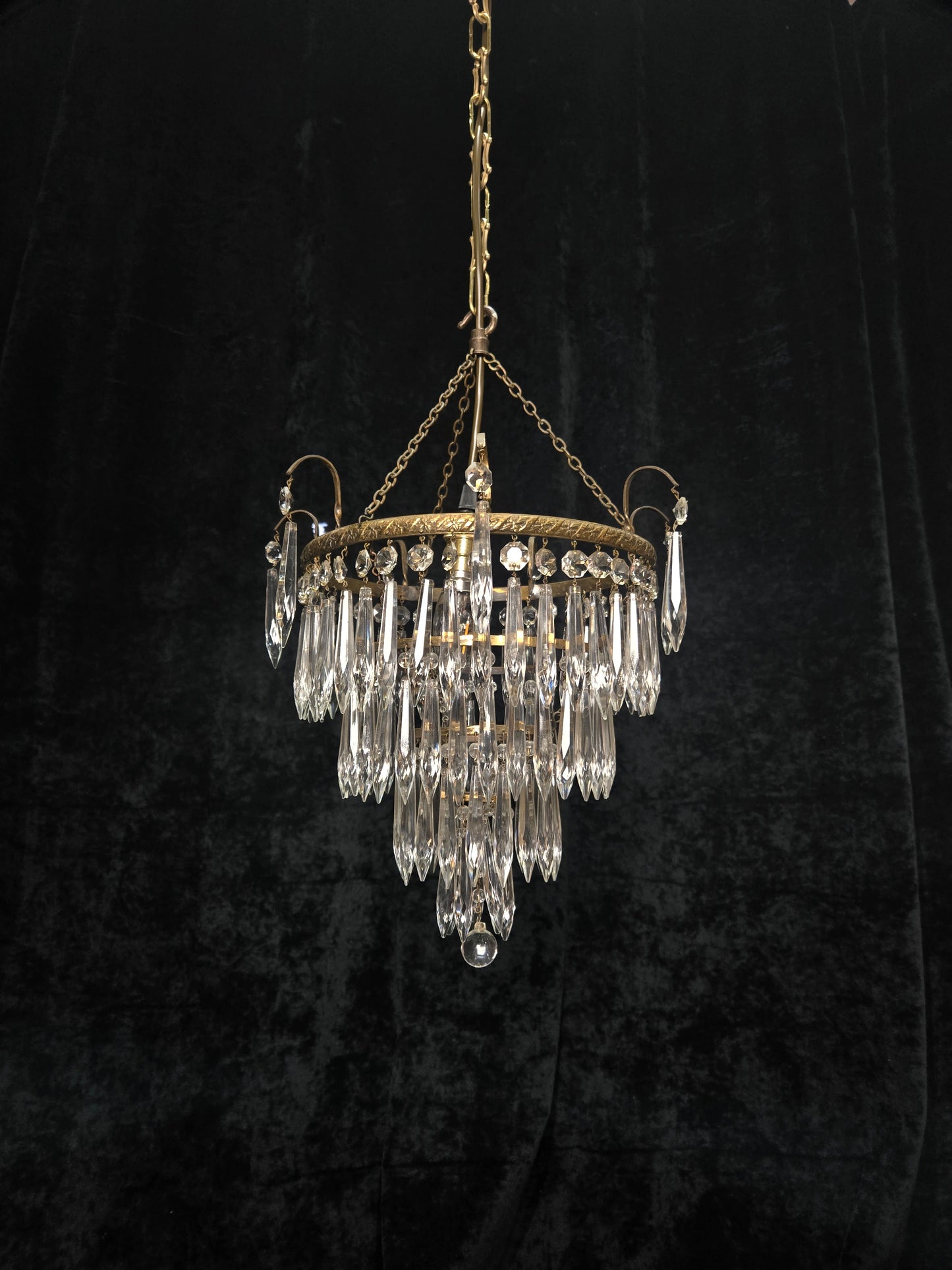 Fabulous Antique French Brass 4 Tier Waterfall Crystal Chandelier Ceiling Light