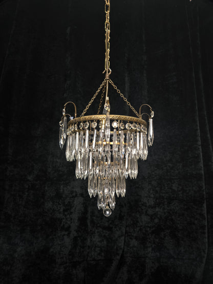 Fabulous Antique French Brass 4 Tier Waterfall Crystal Chandelier Ceiling Light