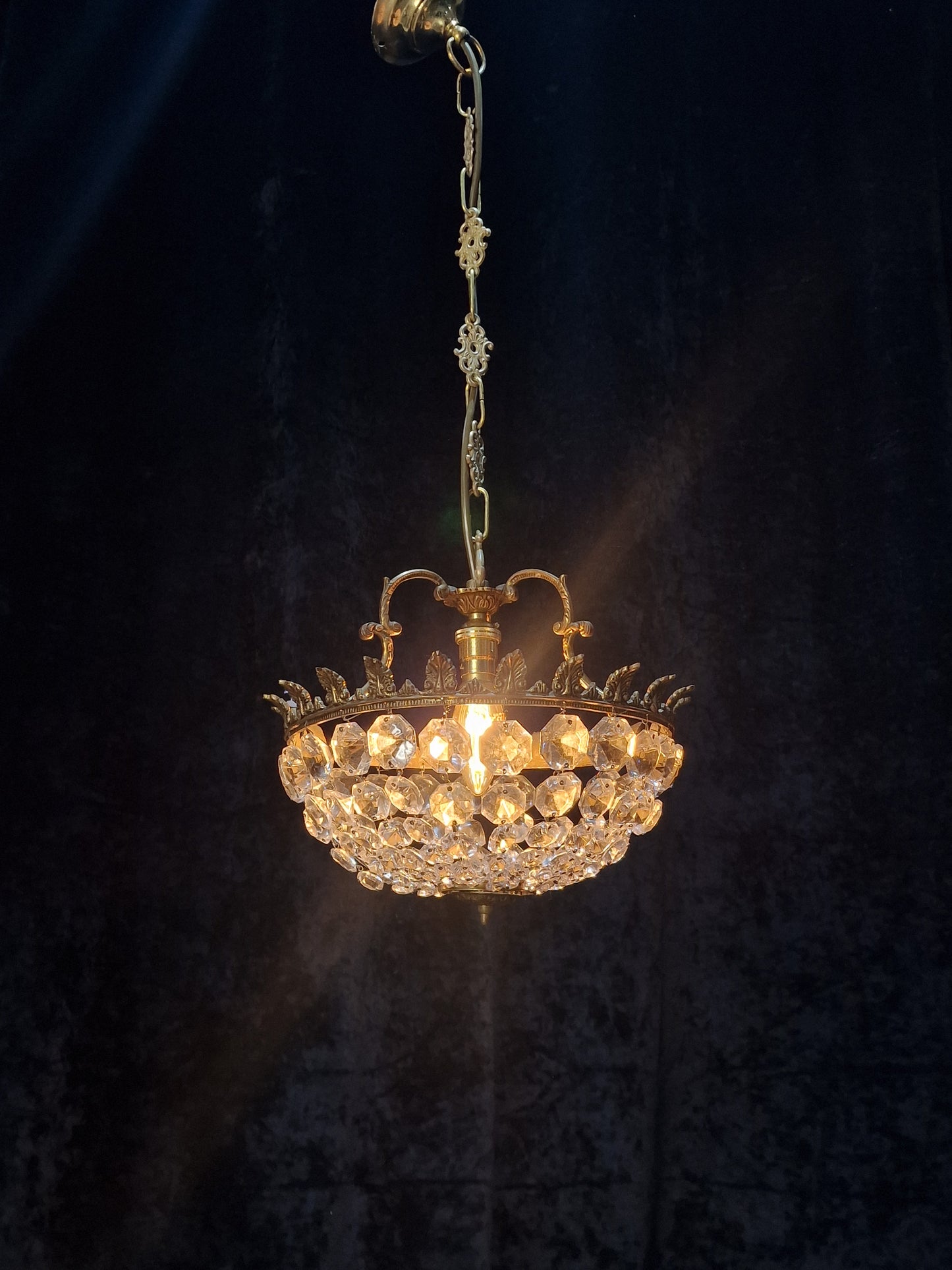 Lovely Vintage French 1 Light Half Bag Crystal Basket Brass Chandelier Light