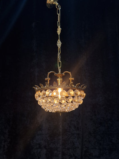 Lovely Vintage French 1 Light Half Bag Crystal Basket Brass Chandelier Light
