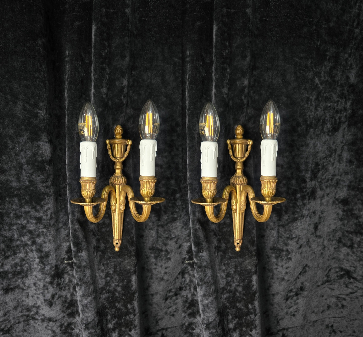 Traditional Pair Vintage French Empire Style 2 Arm Brass Electric Sconces Lights