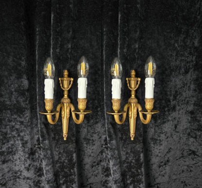 Traditional Pair Vintage French Empire Style 2 Arm Brass Electric Sconces Lights