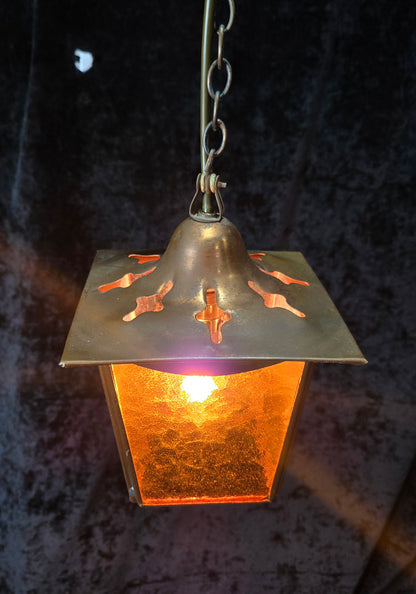 Lovely Vintage French Coloured Glass Copper Lantern Ceiling Light