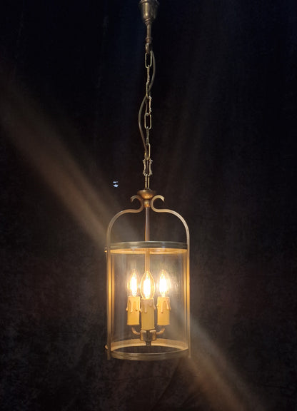 Classical Vintage French 3 Light Cylinder Glass Brass Lantern Ceiling Light