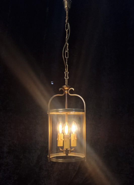 Classical Vintage French 3 Light Cylinder Glass Brass Lantern Ceiling Light