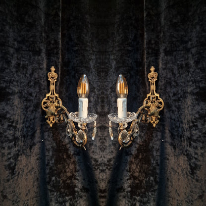 Elegant Pair Vintage Italian Brass and Glass Crystal 1 Arm Sconces Wall Lights