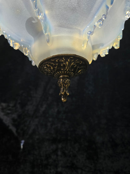 Unique Vintage 3 Light Brass EZAN Vaseline Glass Flush Ceiling Pendant Lantern