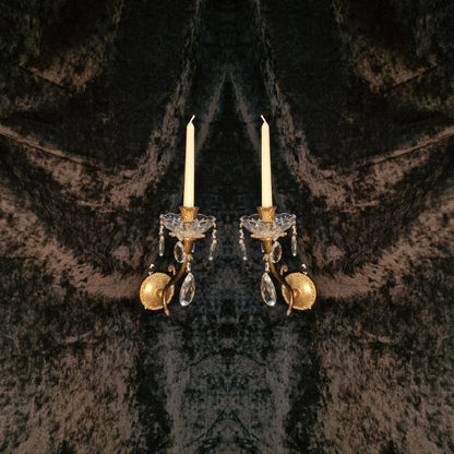 Elegant Pair Vintage Italian 1 Arm Crystal Brass Candle Wall Lights Sconces