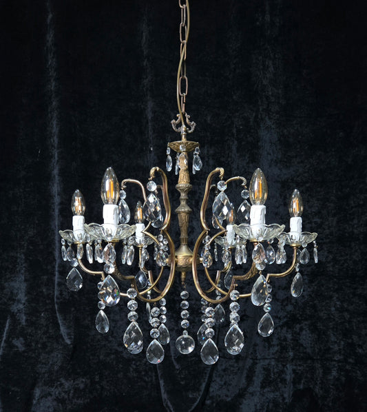 Decorative Vintage Italian 6 Arm Brass Crystal Leaf Chandelier Ceiling Light