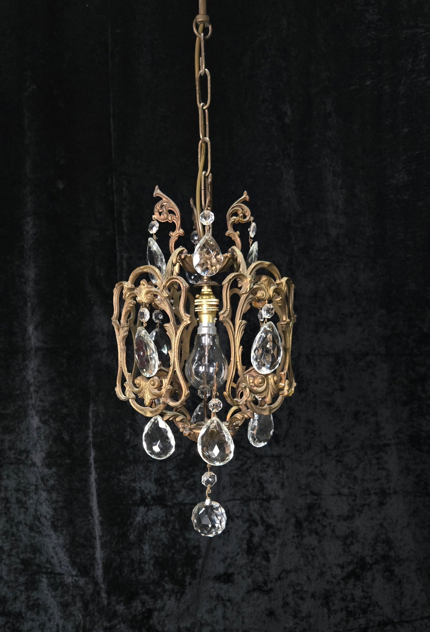 Beautiful Antique French 1 Light Brass Crystal Cage Chandelier Ceiling Light