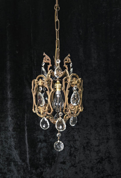 Beautiful Antique French 1 Light Brass Crystal Cage Chandelier Ceiling Light