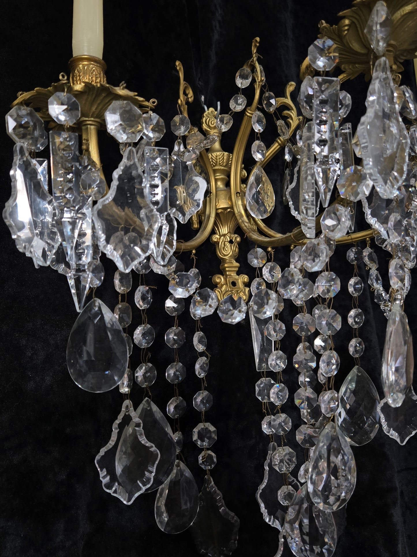Superb Pair Large Vintage Italian Gilded Brass 3 Arm Candle Crystal Wall Lights