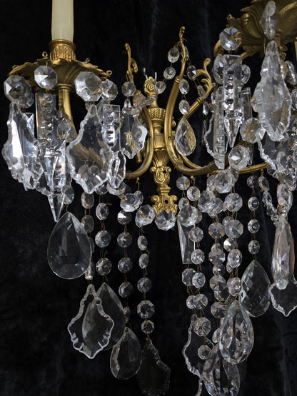Superb Pair Large Vintage Italian Gilded Brass 3 Arm Candle Crystal Wall Lights