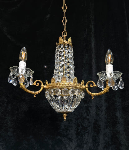 Traditional Vintage French 3 Arm Brass and Crystal Montgolfiere Bag Chandelier