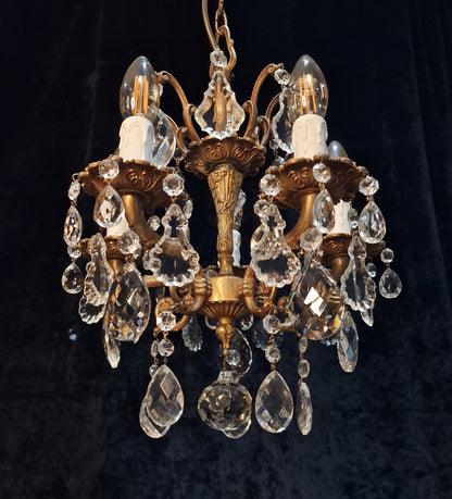 Beautiful Antique French 5 Arm Brass and Crystal Chandelier Ceiling Light