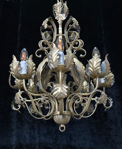 Stunning Heavy Large 8 Arm Wrought Iron Gilded Italian Chandelier Ceiling Light