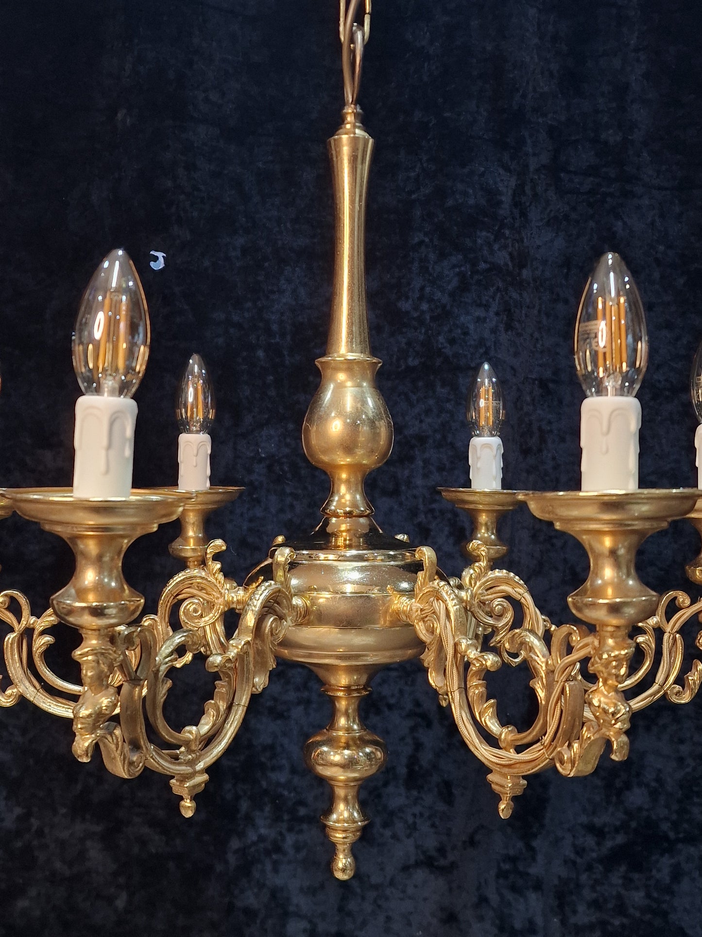 Traditional Vintage Italian Polished Brass 6 Arm Chandelier Ceiling Light