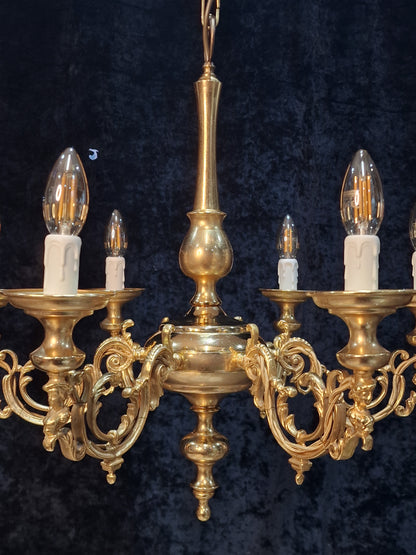 Traditional Vintage Italian Polished Brass 6 Arm Chandelier Ceiling Light
