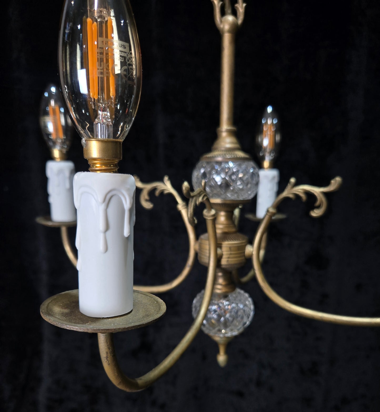 Classical Vintage French 4 Arm Lacquered Brass Crystal Chandelier Ceiling Light