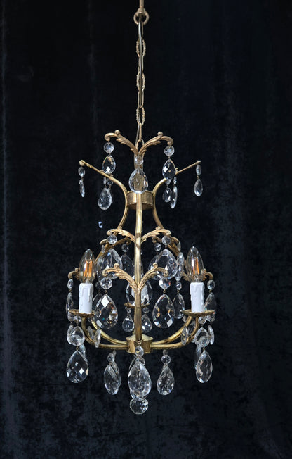 Beautiful Vintage Italian 3 Arm Brass Crystal Cage Chandelier Ceiling Light