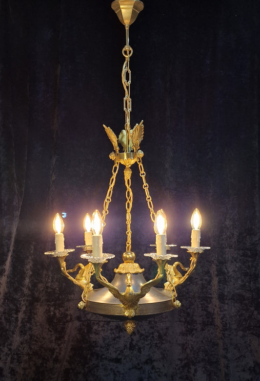 Stately Heavy Vintage French 6 Light Brass Empire Swans Lionheads Chandelier