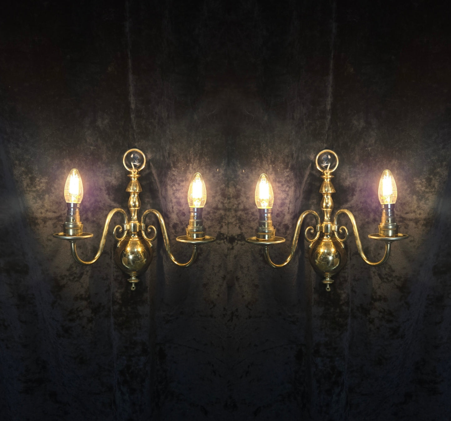 Elegant Pair Vintage Polished Brass 2 Arm Flemish Wall Lights Sconces