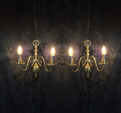 Elegant Pair Vintage Polished Brass 2 Arm Flemish Wall Lights Sconces