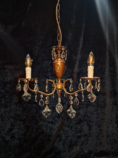 Lovely Vintage Italian 3 Arm Brass Crystal Leaf Chandelier Ceiling Light