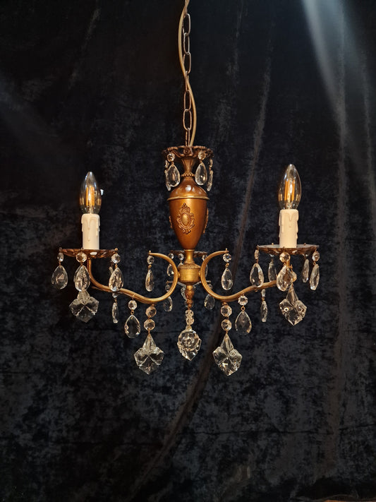 Lovely Vintage Italian 3 Arm Brass Crystal Leaf Chandelier Ceiling Light