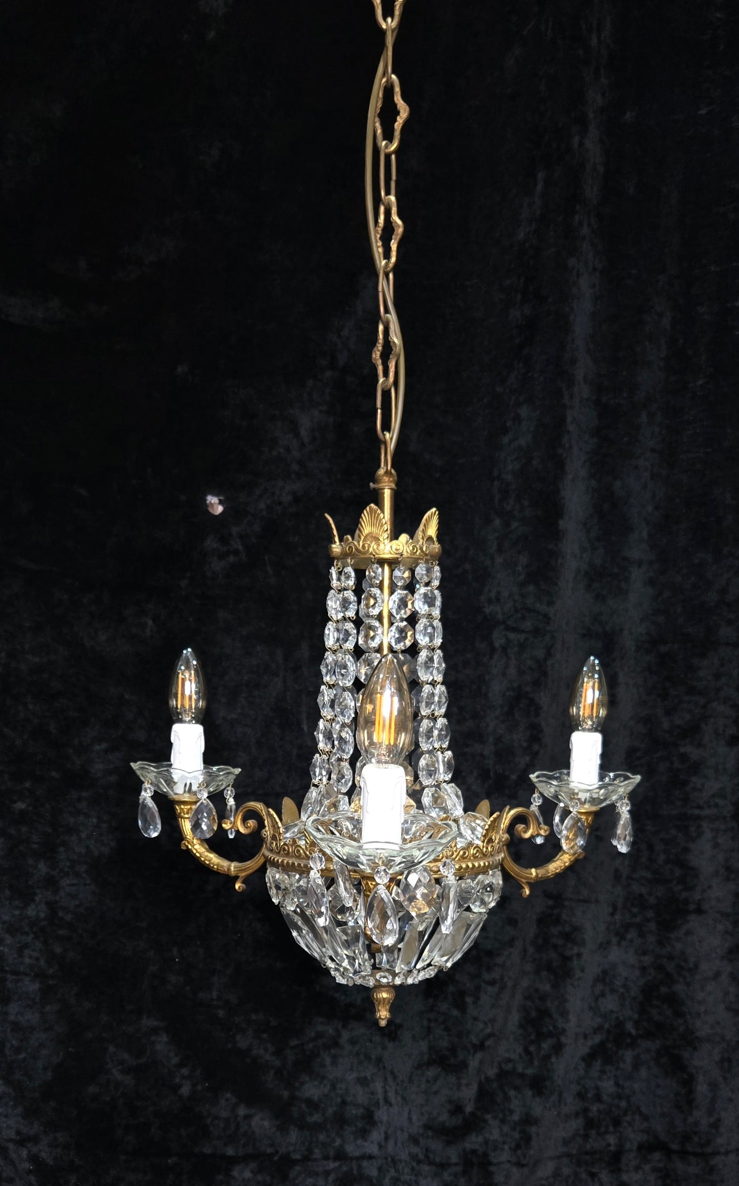 Traditional Vintage French 3 Arm Brass and Crystal Montgolfiere Bag Chandelier