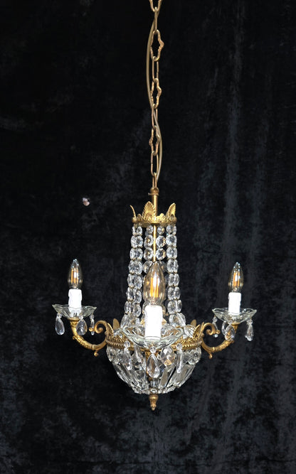Traditional Vintage French 3 Arm Brass and Crystal Montgolfiere Bag Chandelier