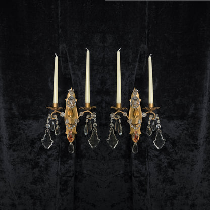 Fabulous Pair Vintage Italian 2 Arm Gilded Wrought Iron Crystal Candle Sconces