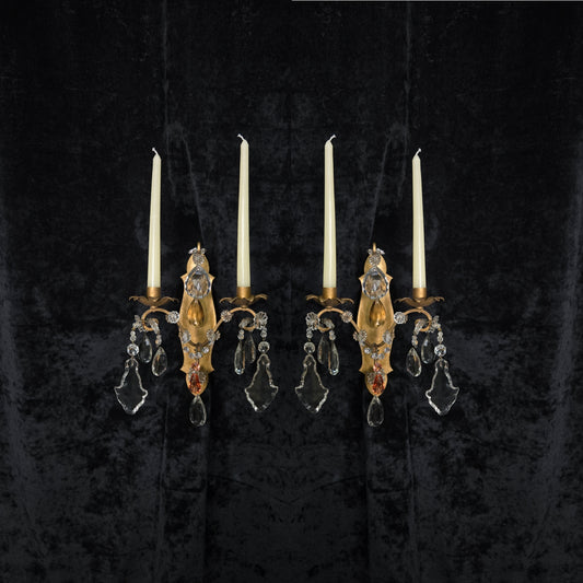 Fabulous Pair Vintage Italian 2 Arm Gilded Wrought Iron Crystal Candle Sconces