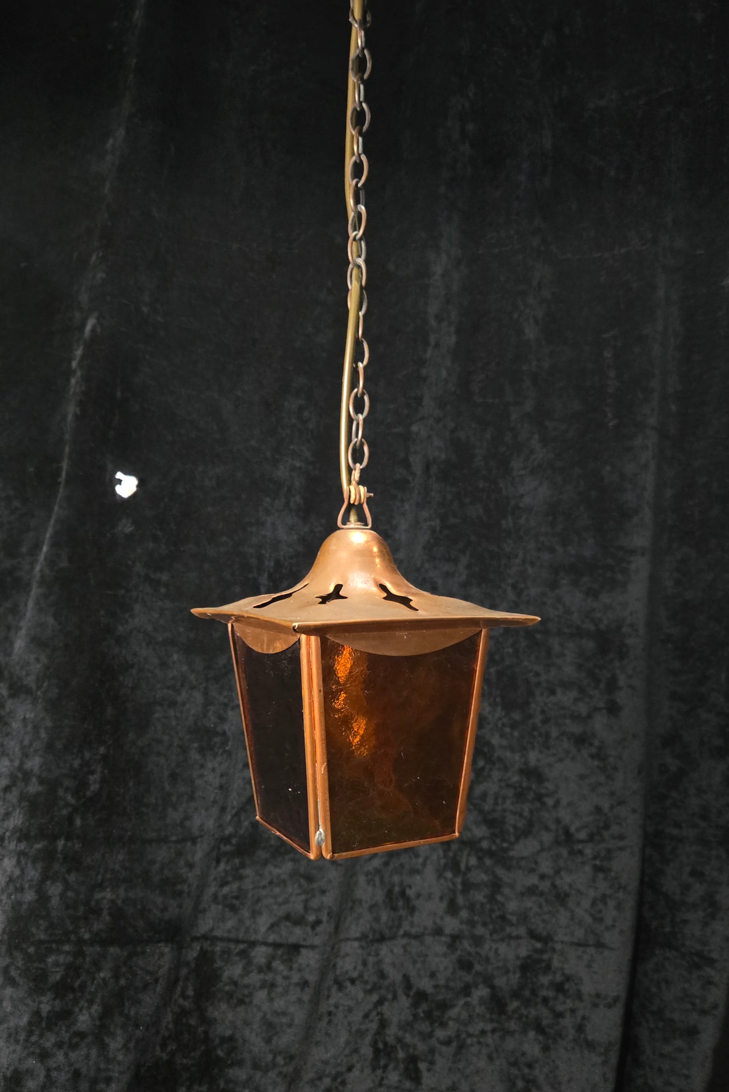 Lovely Vintage French Coloured Glass Copper Lantern Ceiling Light